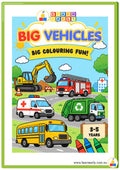 Colourful cover of a construction and community vehicles colouring book for ages 3–5, featuring an excavator, fire truck, ambulance, recycling truck and school bus.