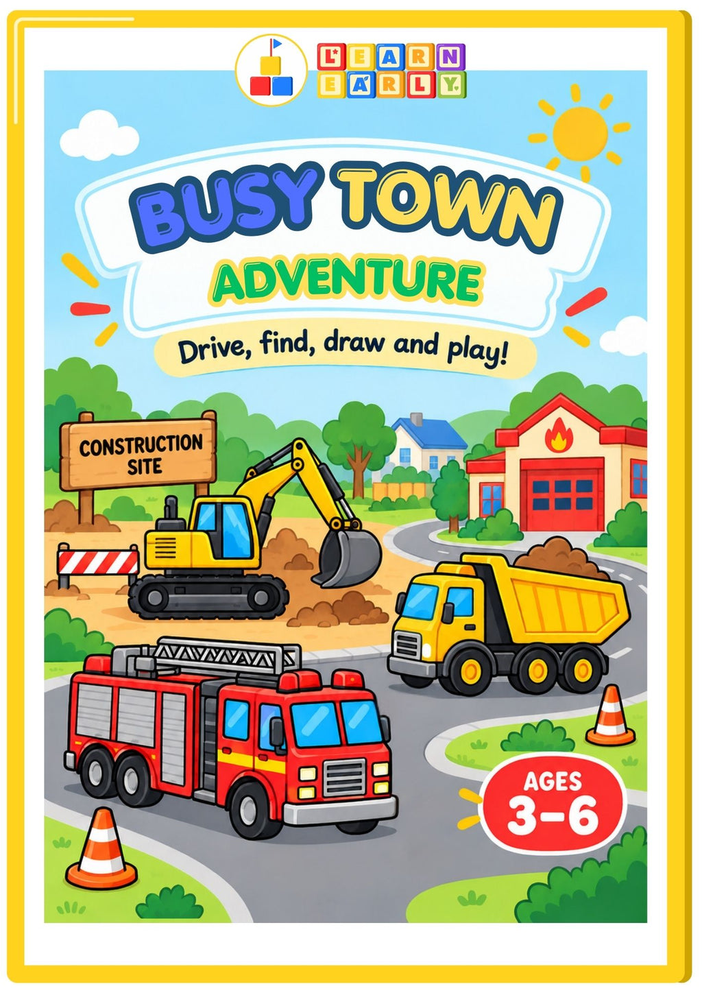 Draw, Find & Play Busy Vehicles reusable activity pack for ages 2–4 featuring an excavator, dump truck, fire truck and construction vehicles
