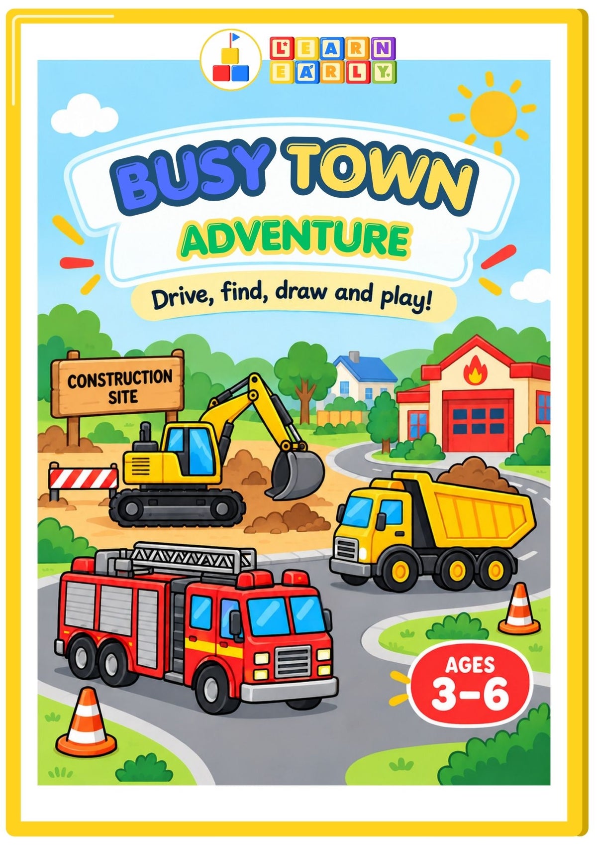 Draw, Find & Play Busy Vehicles reusable activity pack for ages 2–4 featuring an excavator, dump truck, fire truck and construction vehicles