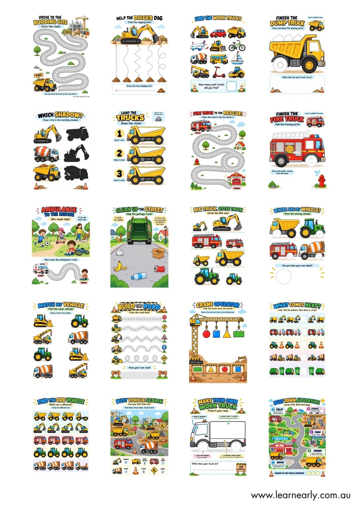 Reusable dry-erase Busy Vehicles preschool activity sheets for ages 2–6 with tracing, drawing, matching, counting and visual search activities