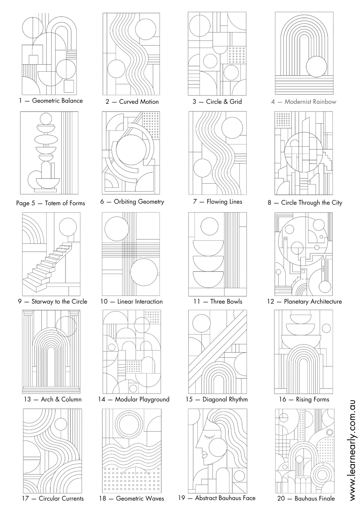 Abstract Rhythm Bauhaus-inspired geometric colouring book with 20 abstract colouring pages for older kids, teens and adults