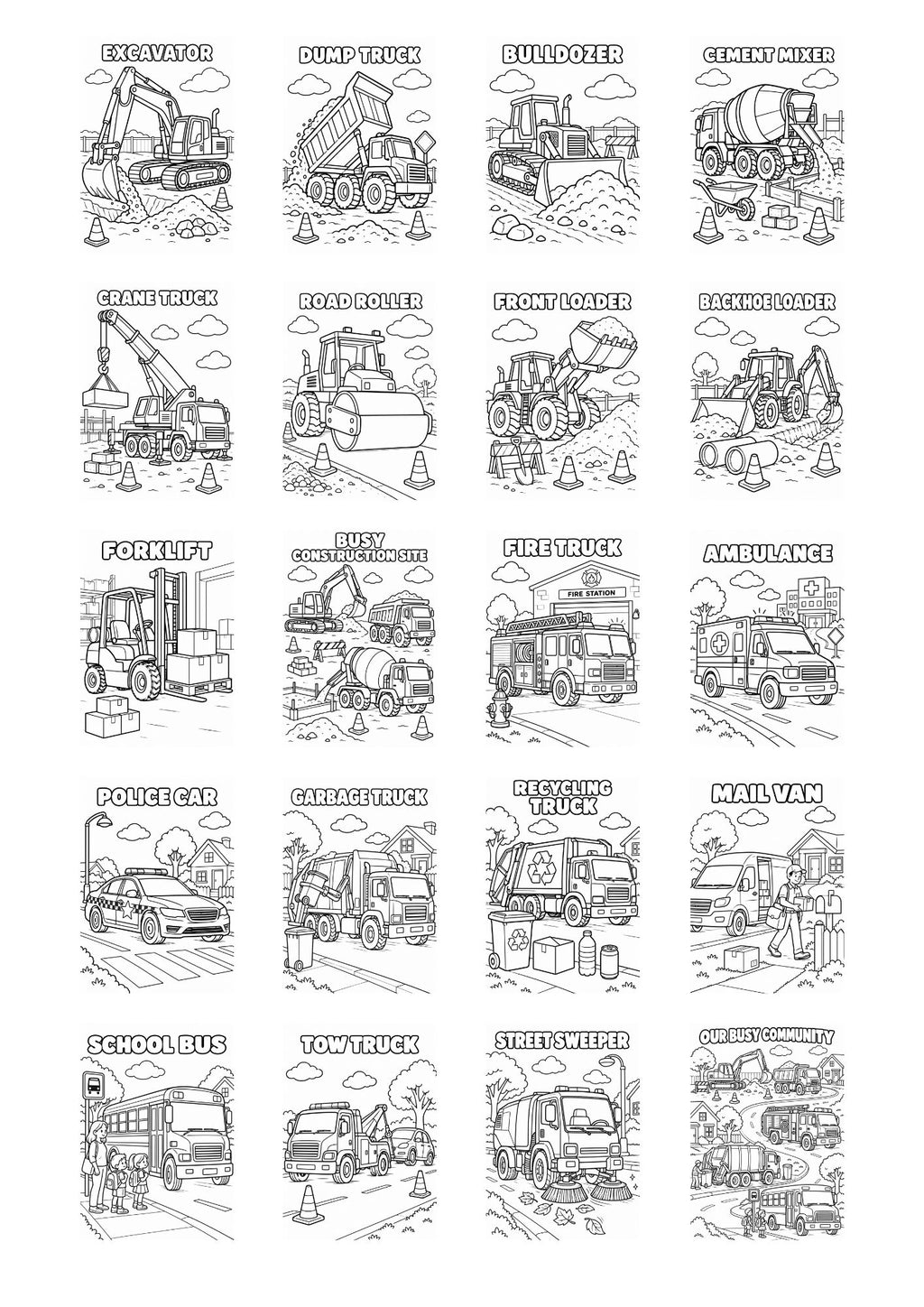 A black and white line art sheet featuring 20 different types of construction vehicles, including excavators, dump trucks, bulldozers, cranes, forklifts, and buses, arranged in a grid with labels underneath each illustration.