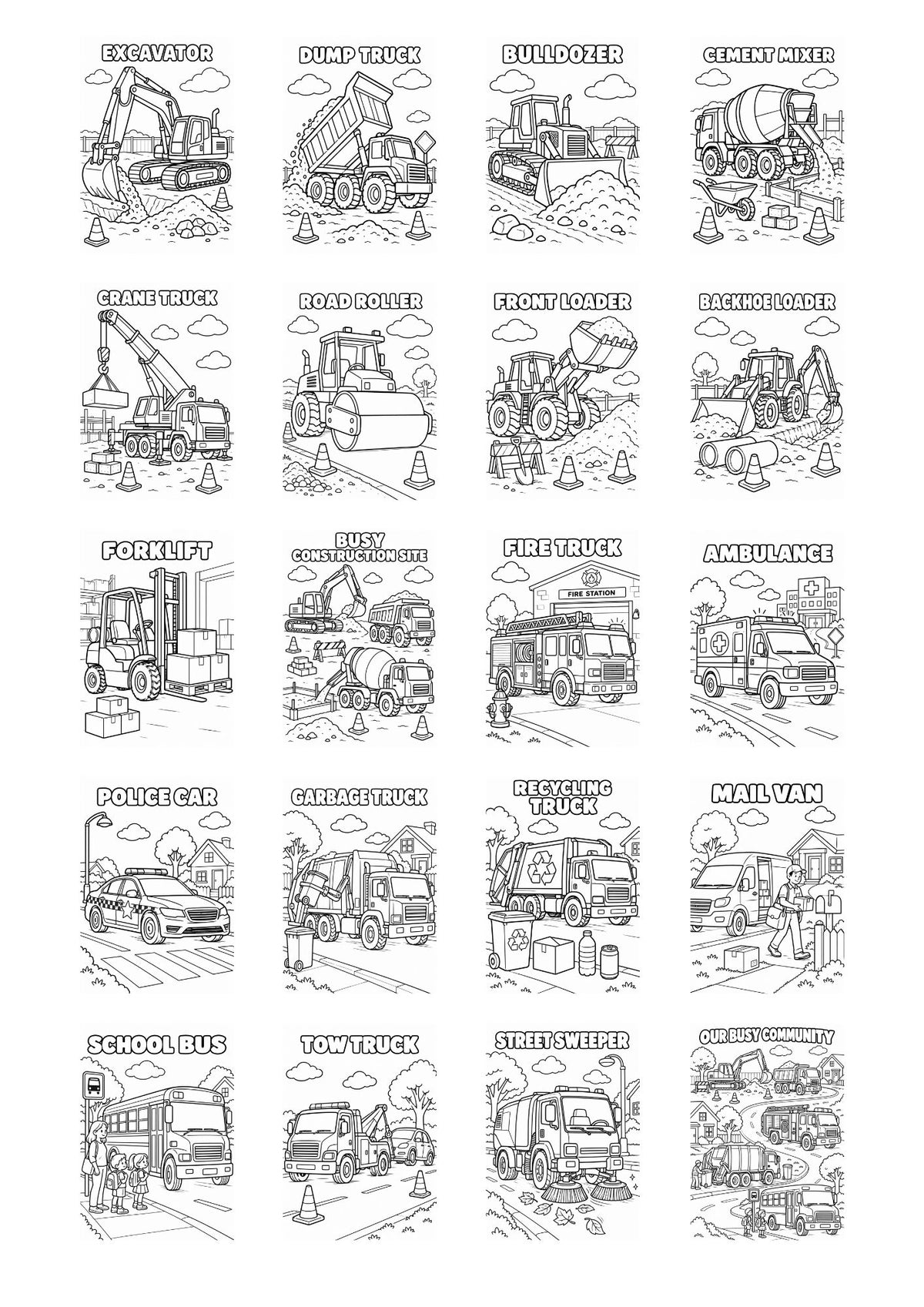 A black and white line art sheet featuring 20 different types of construction vehicles, including excavators, dump trucks, bulldozers, cranes, forklifts, and buses, arranged in a grid with labels underneath each illustration.
