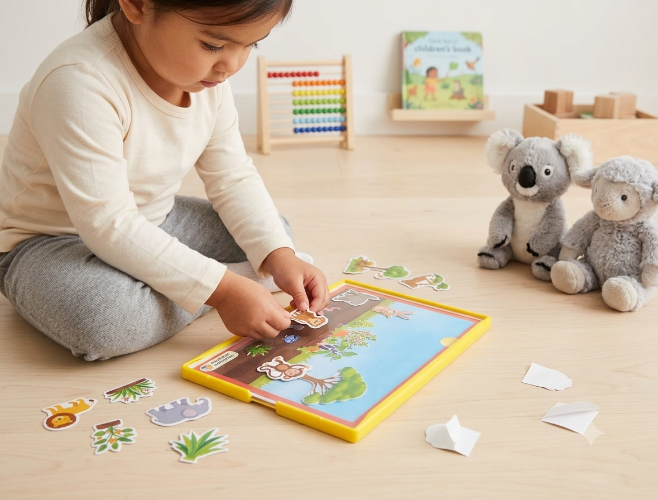 A young child sits on a light wood floor, placing animal-shaped puzzle pieces onto a reusable stick on pad. 