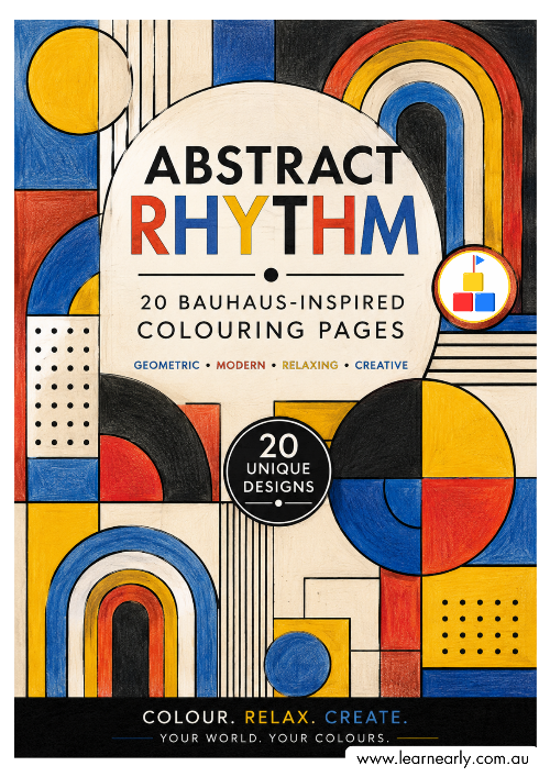 Abstract Rhythm Bauhaus-inspired geometric colouring book with 20 abstract colouring pages for older kids, teens and adults