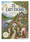 Colouring Page that features a highly detailed, colorful illustration of a cozy cottage by a lake, complete with a garden path, rocking chair, hot air balloon, and mountains in the background.