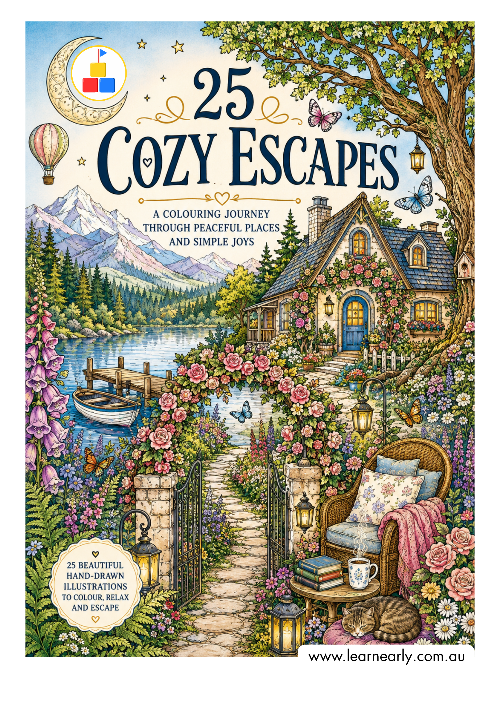 Colouring Page that features a highly detailed, colorful illustration of a cozy cottage by a lake, complete with a garden path, rocking chair, hot air balloon, and mountains in the background.