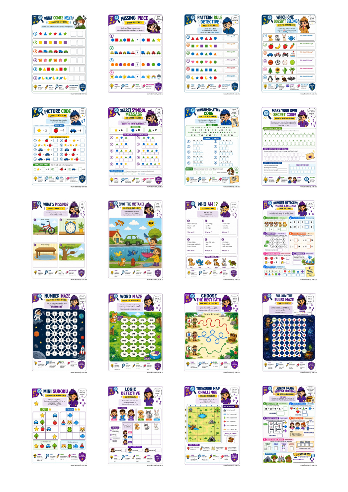 Printable Puzzle Lab activity sheets for children ages 6–10 with logic, pattern, code-breaking and problem-solving challenges.