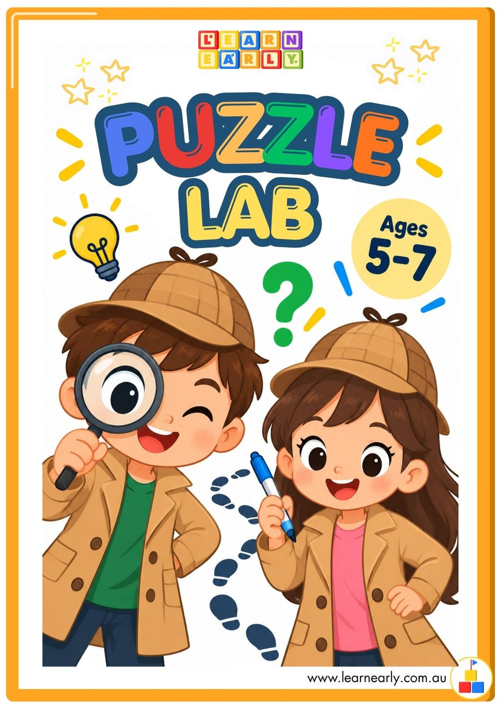 Puzzle Lab reusable puzzle activity book for children ages 5 to 7 featuring colourful logic, maze, code and detective activities