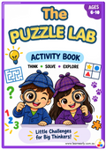 The Puzzle Lab printable activity book for kids ages 6–10 featuring fun logic puzzles, mazes, codes and brain games.