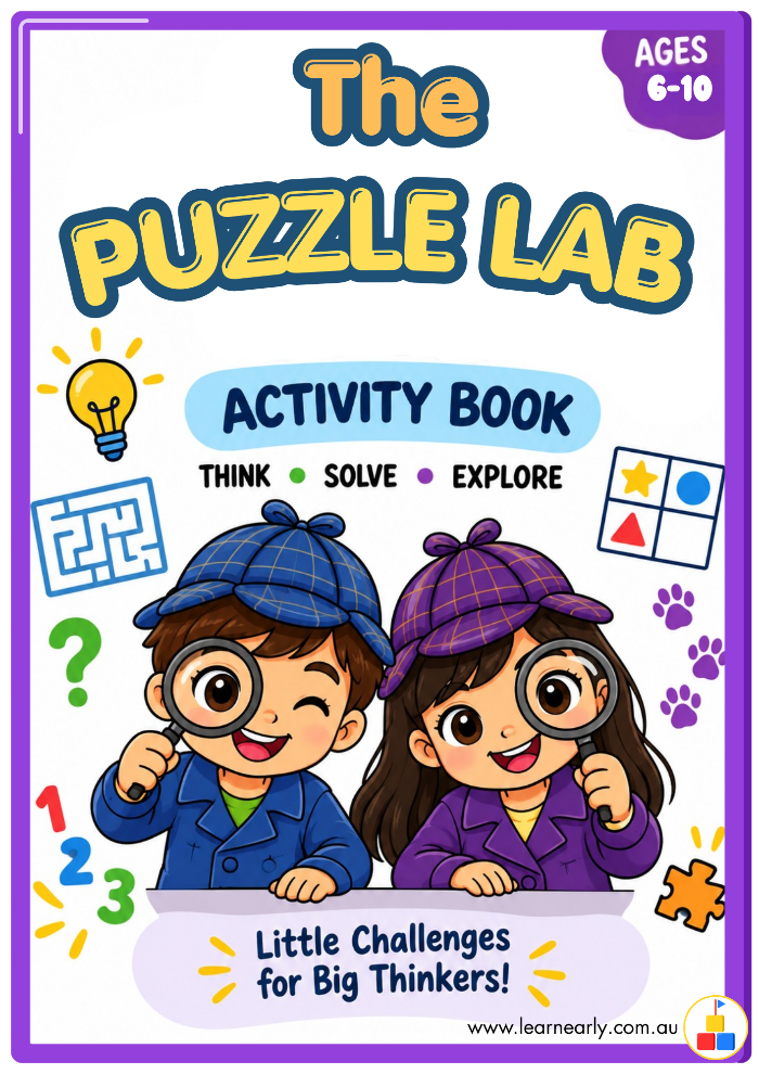 The Puzzle Lab printable activity book for kids ages 6–10 featuring fun logic puzzles, mazes, codes and brain games.
